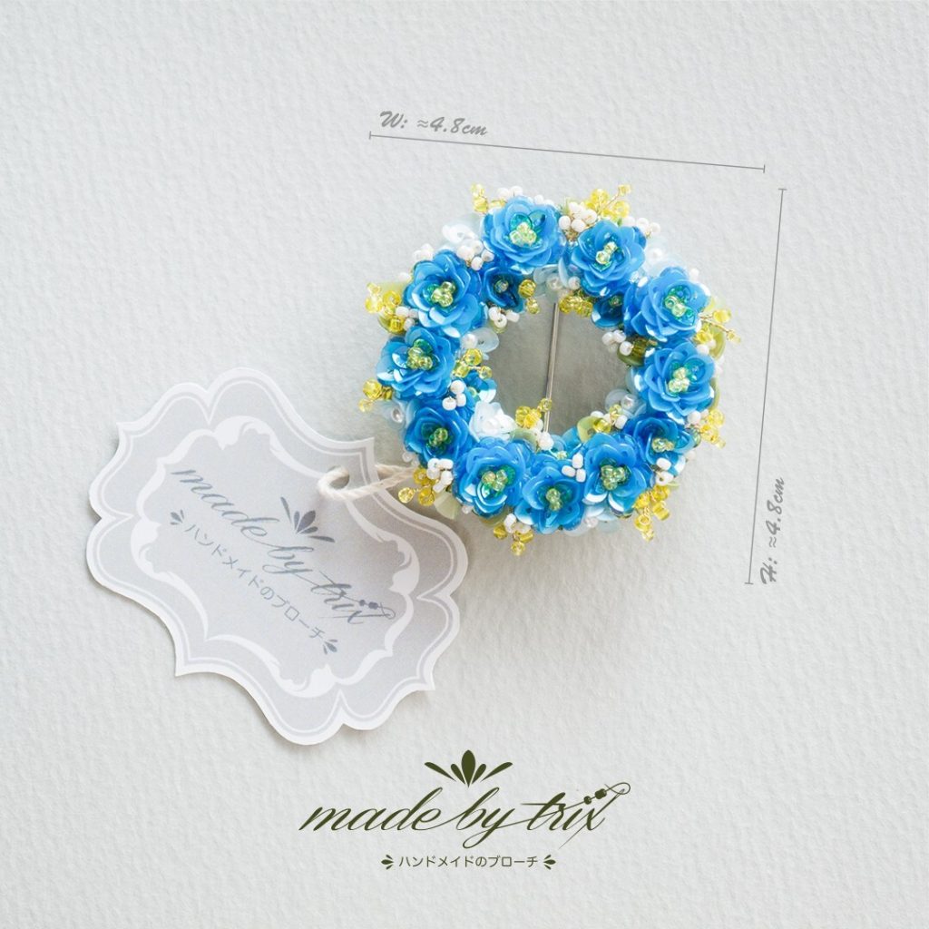 フラワーリース①　ブルーイエロー　花　ビーズ刺繍ブローチ (260205) 商品写真5